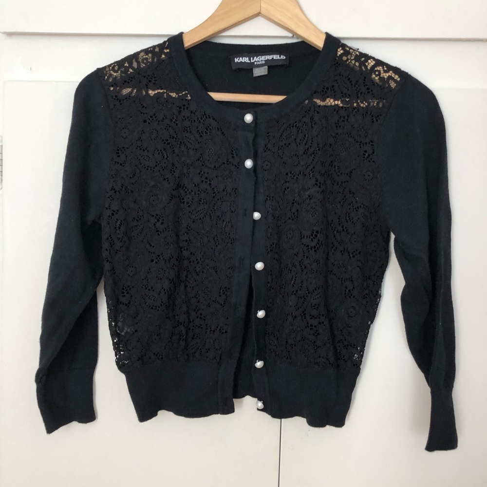 Crop sweater w/ lace detail & “pearl” buttons.